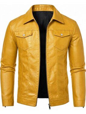 Men's Yellow Faux Leather Two Side Hand Pockets Motorcycle Biker Jacket